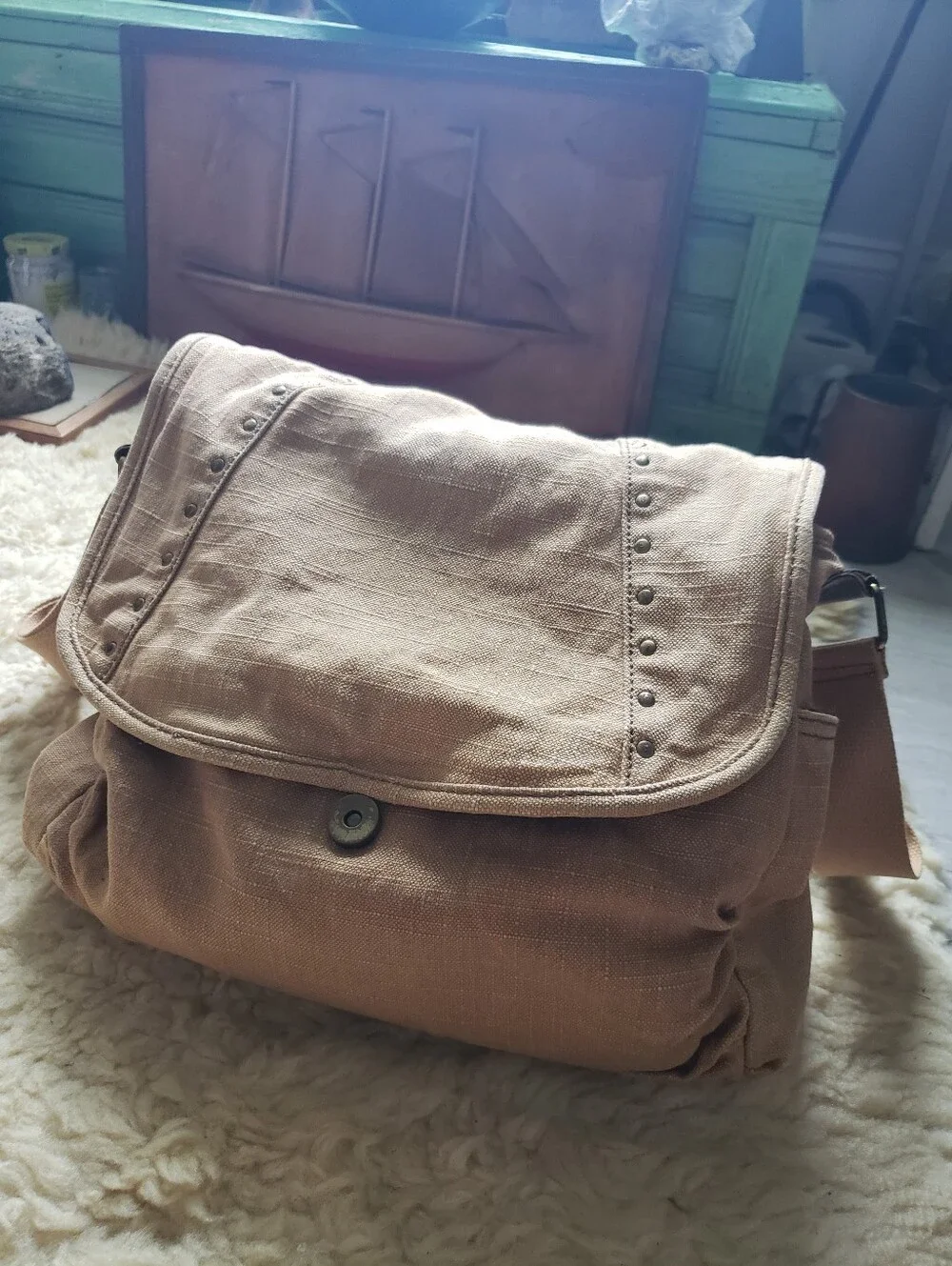 Large Vintage Fossil Canvas Messenger Bag Crossbody